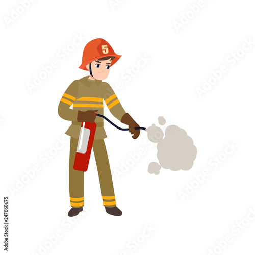 Boy Firefighter Wearing Protective Uniform and Helmet Standing with Extinguisher, Freman Character Doing His Job Vector Illustration photo