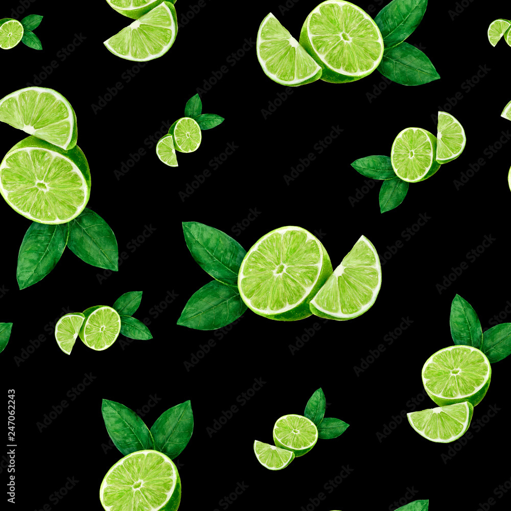 Watercolor hand drawn lime fruit seamless pattern.