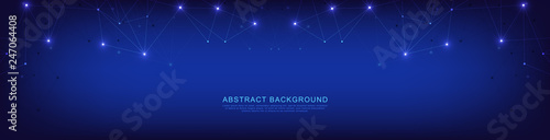 Website header or banner design with geometric abstract background of connected dots and lines. Global network connection. Digital technology with plexus background and space for your text.
