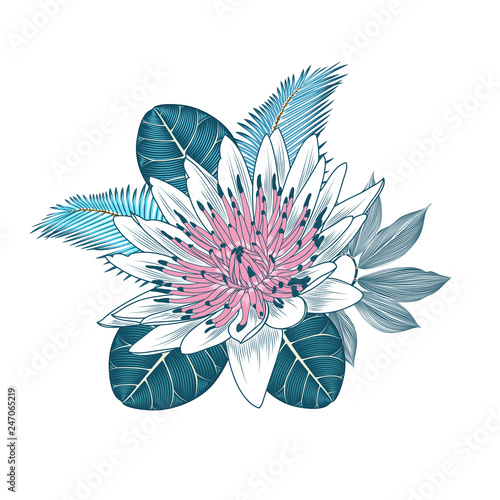 Floral background with green leaves tropical, exotic cheilocostus, terminalia catappa and lotos flowers, and-drawn in abstract style.