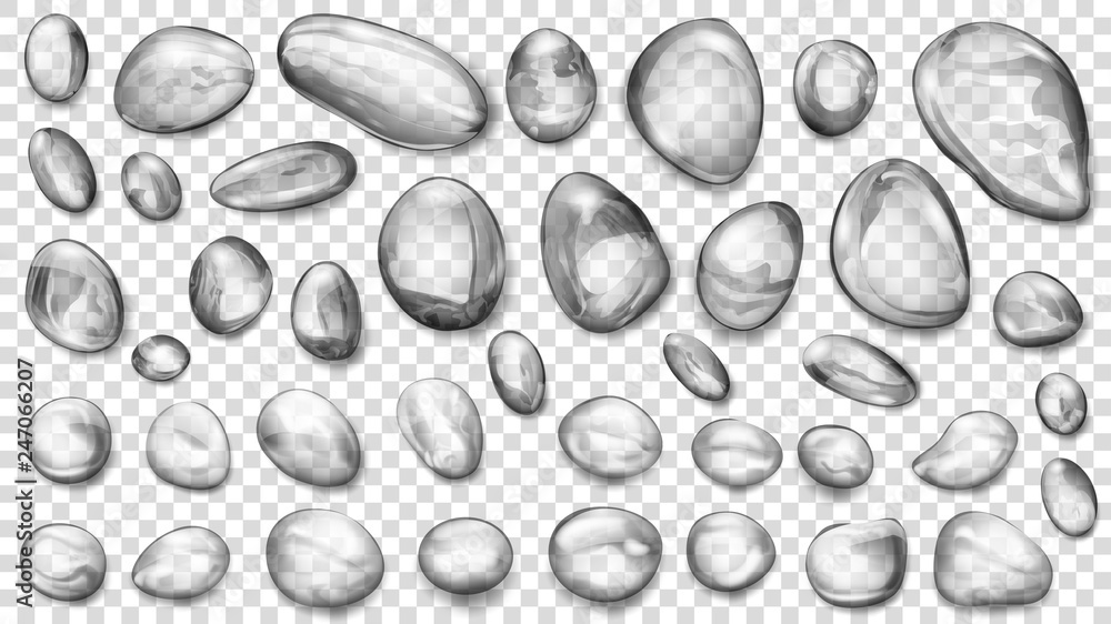 Set of gray translucent water drops of different shapes, isolated on transparent background. Transparency only in vector format