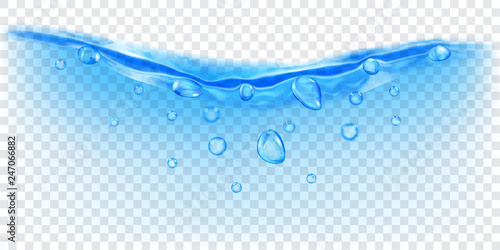 Translucent water wave in light blue colors with air bubbles and drops, isolated on transparent background. Transparency only in vector file