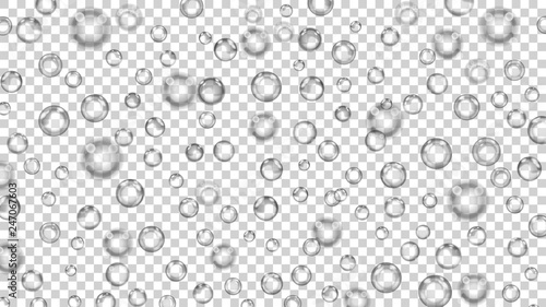 Fototapeta Naklejka Na Ścianę i Meble -  Translucent bubbles or water drops of different sizes in gray colors on transparent background. Transparency only in vector format