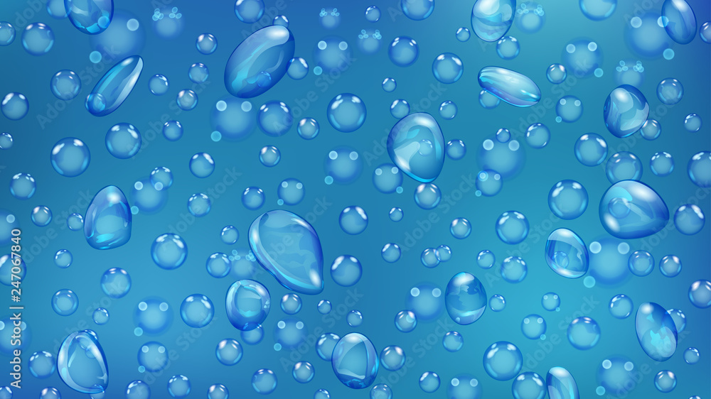 Background of water drops and bubbles of different shapes in light blue colors