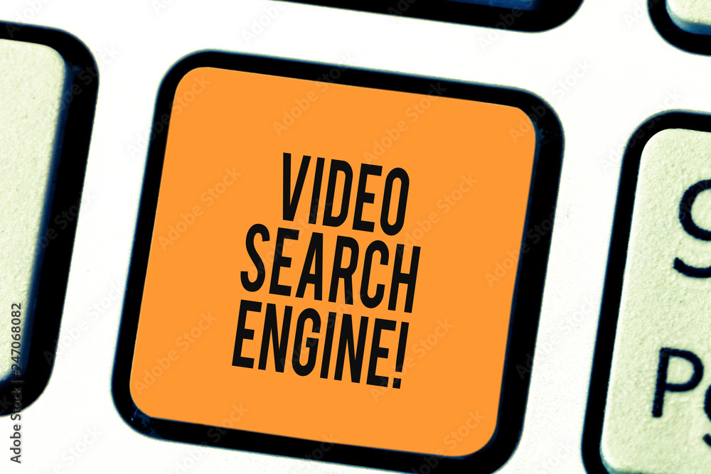 Writing note showing Video Search Engine. Business photo showcasing which crawls web deeply for media and audio content Keyboard key Intention to create computer message pressing keypad idea Writing note showing Video Search Engine. Business photo showcasing which crawls web deeply for media and audio content Keyboard key Intention to create computer message pressing keypad idea