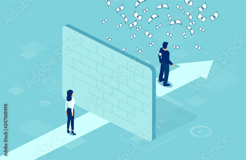 Vector of a businesswoman separated by wall from businessman under money rain