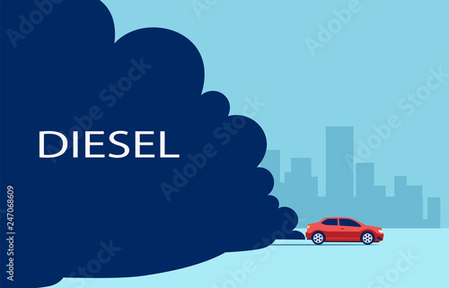 Vector of a car emitting a dark smoke on a cityscape background