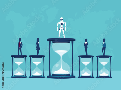 Vector of a robot winning a competition wtih people in productivity