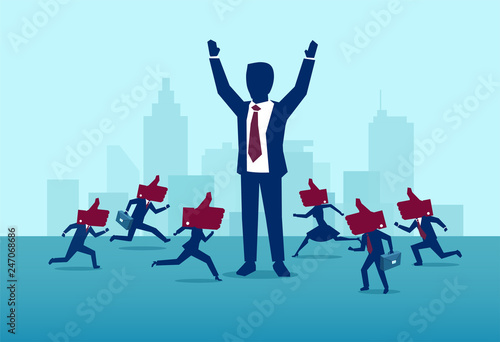 Vector of a powerful, successful buisnessman being liked by busy crowd of people