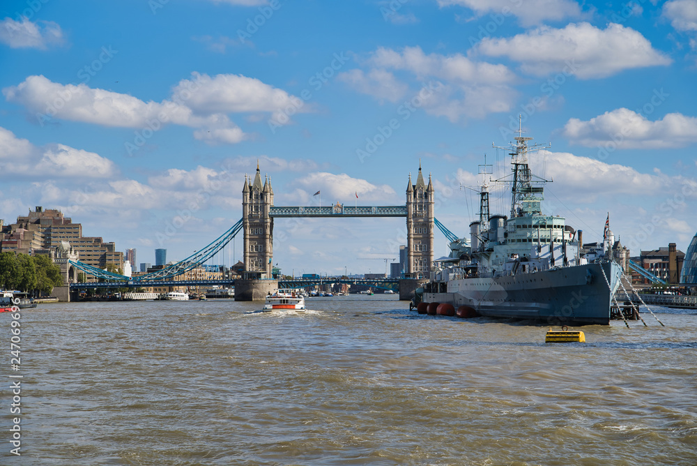 LONDON, UK - SEPTEMBER 9, 2018: Military Cruiser Belfast (HMS Belfast) is the pride of the British fleet moored on the Thames in the very center of London