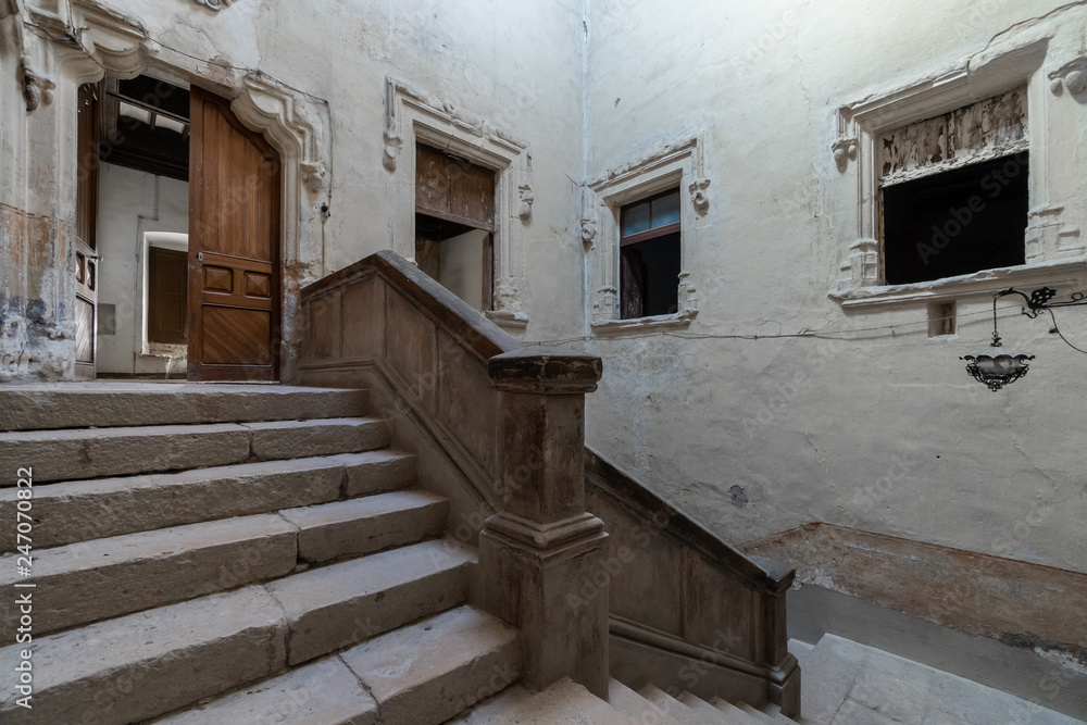 Stairs and doors of the interior of an ancient palace