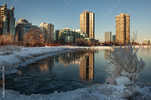 Photography Toronto, CANADA - February 1th, 2019: Panoramic Canadian winter landscape near Toronto, beautiful frozen Ontario lake at sunset