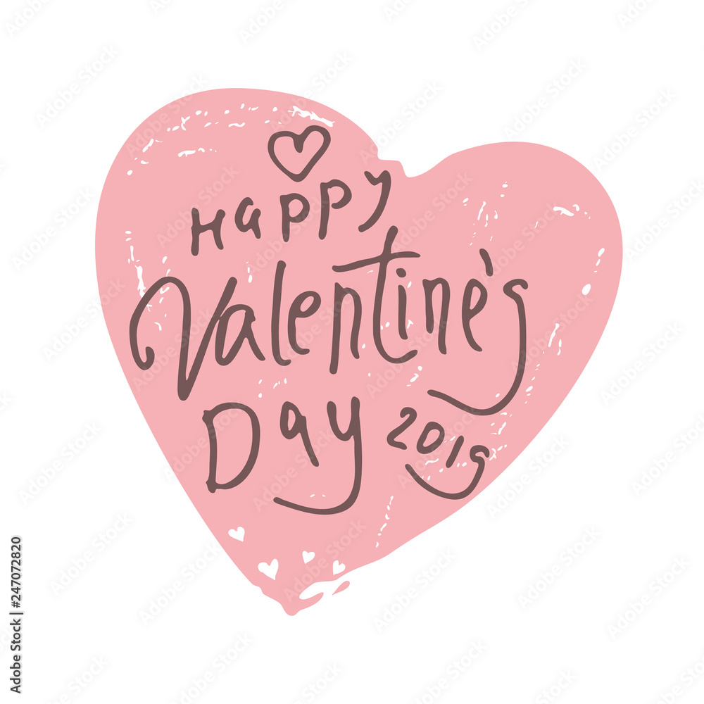 Happy Valentine's Day 2019. Vintage big heart with handwritten scribble inscription. Vector template for romantic design.