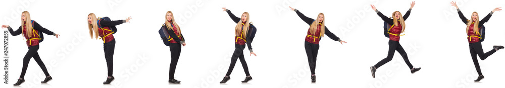 Young woman with backpack isolated on white Young woman with backpack isolated on white