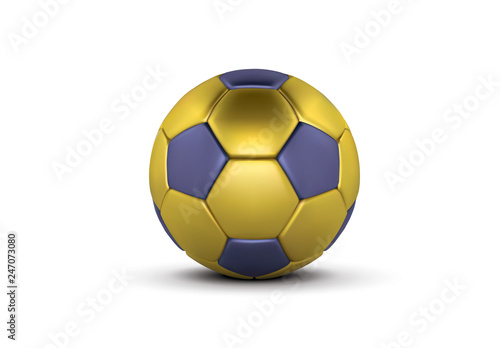 Gold Blue soccer ball on white background. Realistic 3d golden football ball. Bronze blue football ball.