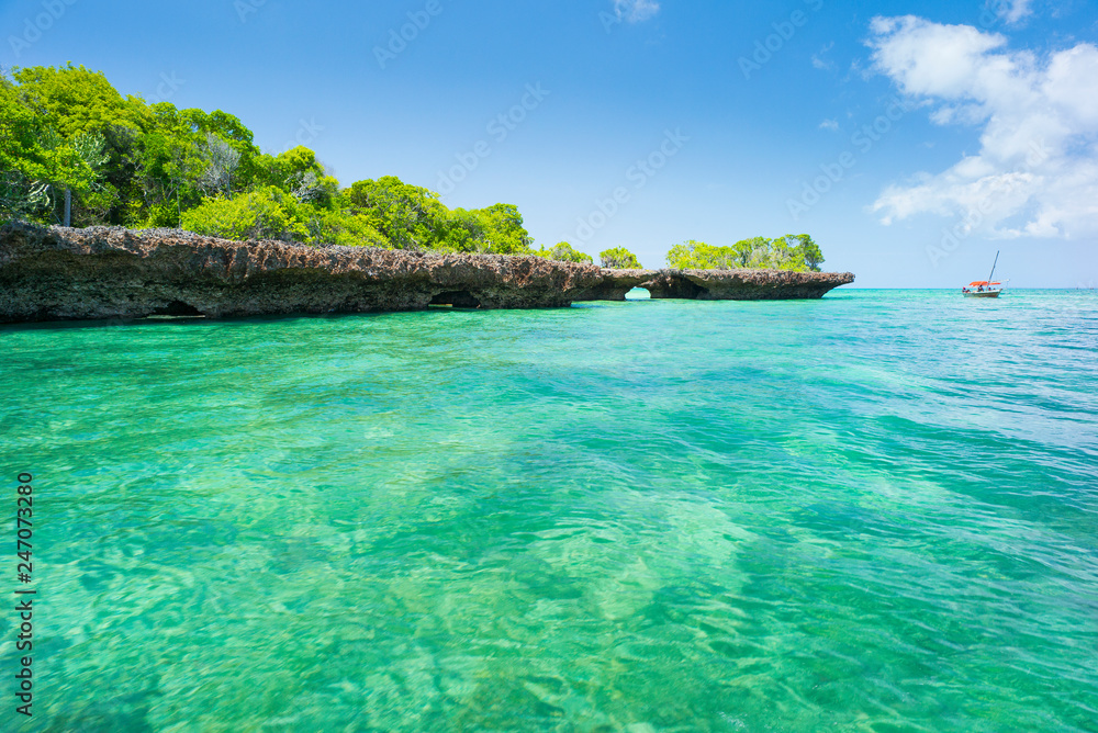 Naklejka premium view to stone island with mangrove forest from sea view in Zanzibar