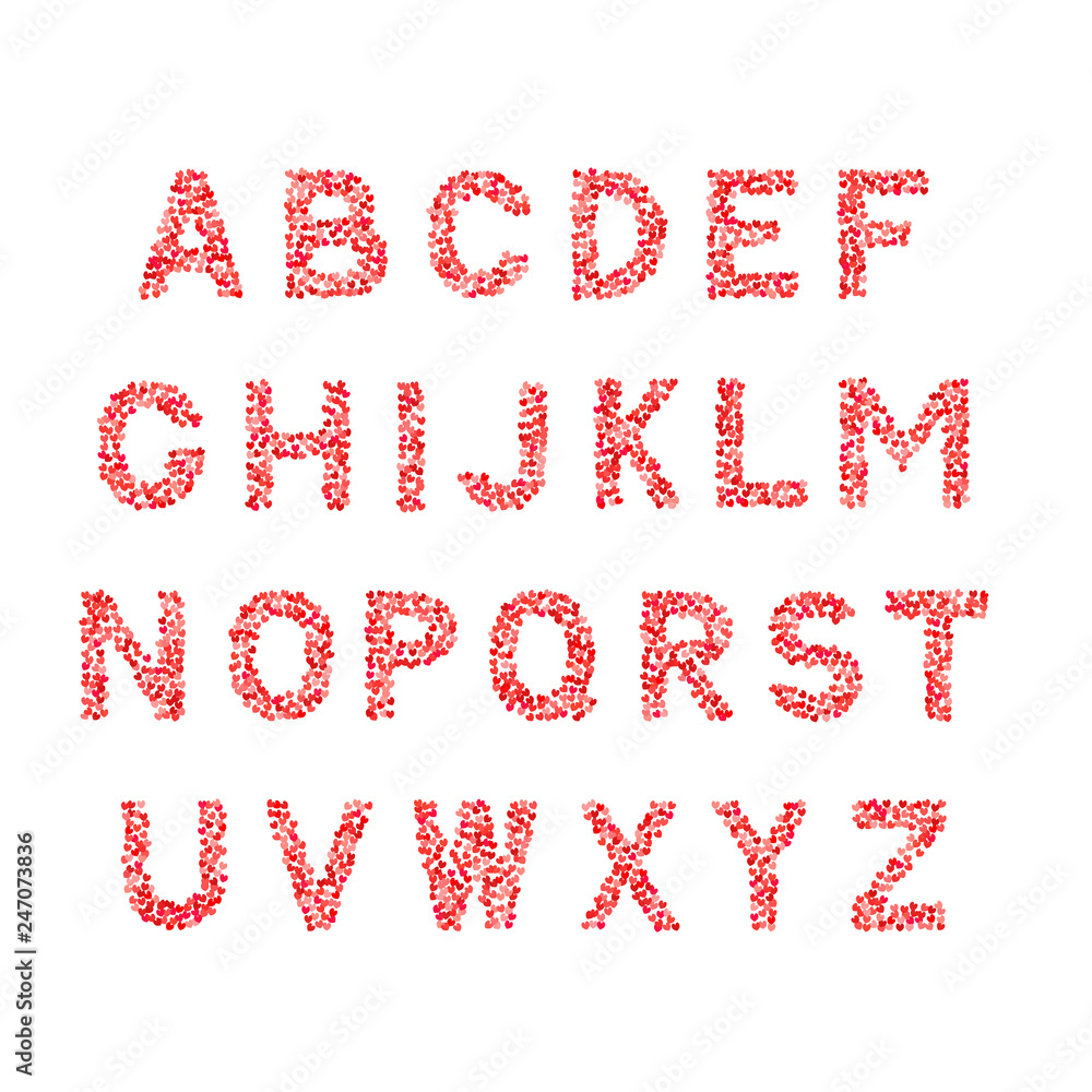 Vector alphabet. Letters A-Z made of hearts shades of red and pink isolated on white. Romantic sans serif font for Valentines day. Latin uppercase symbols. Easy to edit design template. Vector alphabet. Letters A-Z made of hearts shades of red and pink isolated on white. Romantic sans serif font for Valentines day. Latin uppercase symbols. Easy to edit design template.