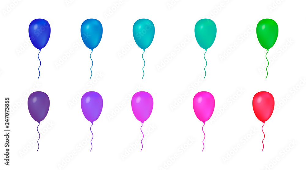 Set of 10 colorful balloons isolated on white. Flying helium balloons vector illustration. Easy to edit elements of design for banners, posters, greeting card, birthday party decoration, etc.