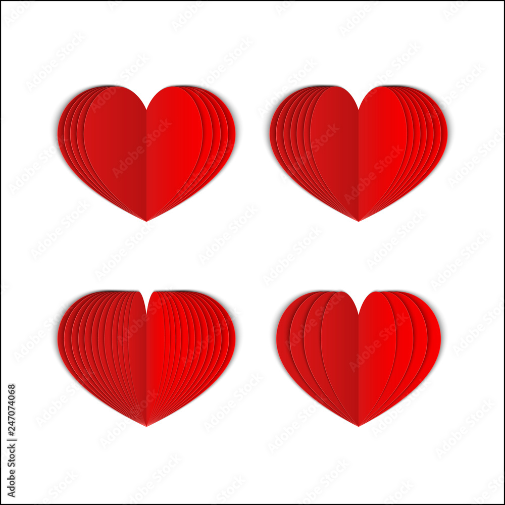 Set of 4 red paper heart isolated on white. Symbol of love for Valentine’s day greeting card. Realistic 3d folded heart. Vector illustration.  Easy to edit template for your design projects.