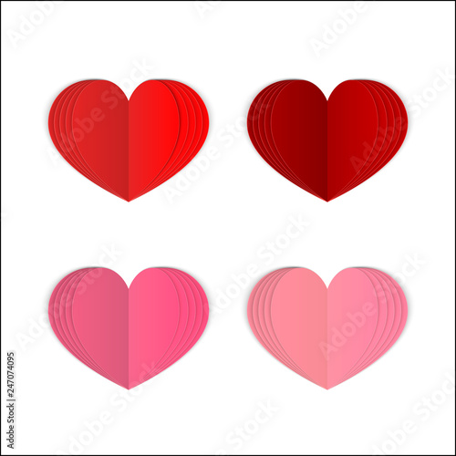 Set of 4 paper heart isolated on white. Realistic 3d folded red and pink hearts. Symbol of love for Valentine’s day greeting card. Vector illustration. Easy to edit template for your design projects.