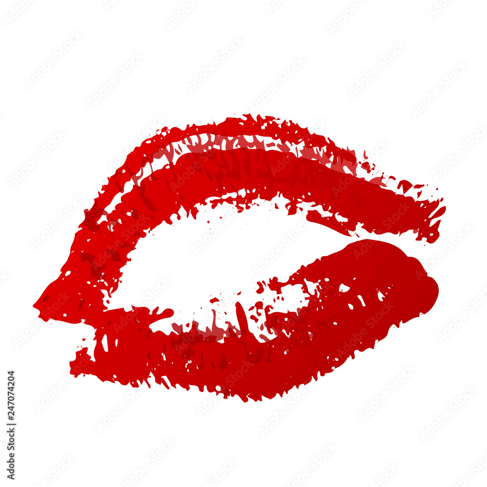 Red lipstick kiss on white background. Imprint of the lips. Kiss mark  vector illustration. Valentines day theme print. Easy to edit template for  greeting card, poster, banner, flyer, label, etc. Stock Vector