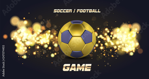 Football Banner With 3d golden blue Ball. Soccer game match design with soccer ball. Football ball on golden background.
