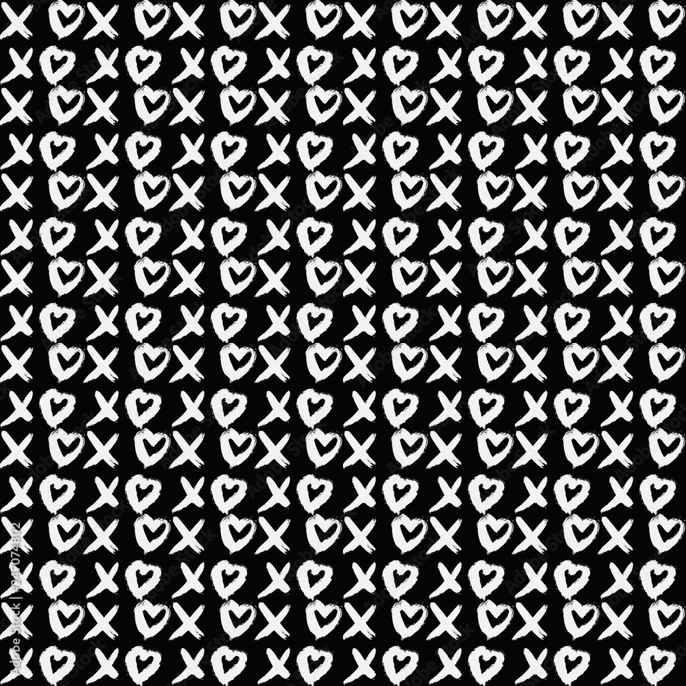 Seamless pattern XOXO with hearts on black background. Hugs and kisses abbreviation symbol. Grunge hand written brush lettering XO. Vector illustration. Easy to edit template for Valentine’s day.