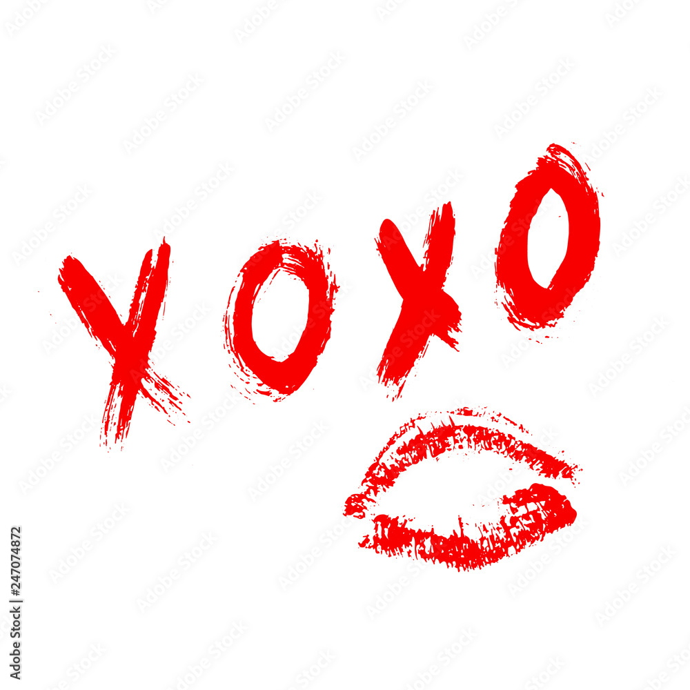 XOXO hand written phrase and red lipstick kiss isolated on white  background. Hugs and kisses sign. Grunge brush lettering XO. Easy to edit  template for Valentine's day greeting card, banner, poster. Stock