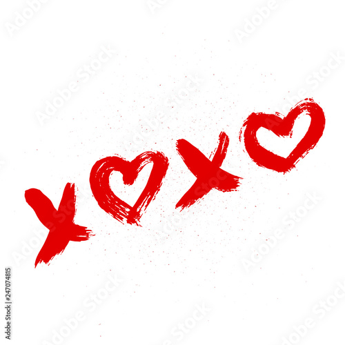 XOXO hand phrase with heart written with red lipstick on white background. Hugs and kisses sign. Grunge brush lettering XO. Easy to edit template for Valentine’s day greeting card, poster, flyer, etc.