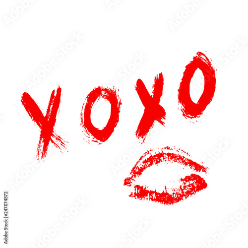 XOXO hand written phrase and red lipstick kiss isolated on white background. Hugs and kisses sign. Grunge brush lettering XO. Easy to edit template for Valentine’s day greeting card, banner, poster.