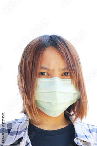 asian woman wear face mask on white