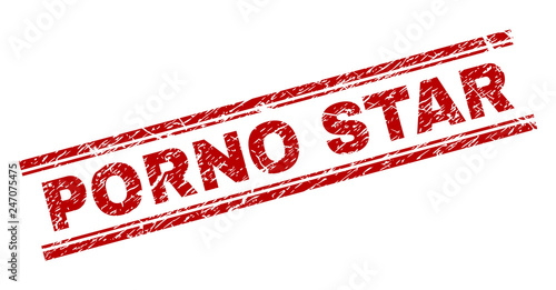PORNO STAR seal imprint with distress texture. Red vector rubber print of PORNO STAR tag with corroded texture. Text tag is placed between double parallel lines.