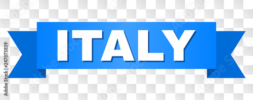 ITALY text on a ribbon. Designed with white caption and blue stripe. Vector banner with ITALY tag on a transparent background.