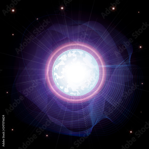 Magnetar with Magnetic Field. Neutron star makes radiation ray waves in the deep universe. Blitzar. Pulsar. Vector illustration
