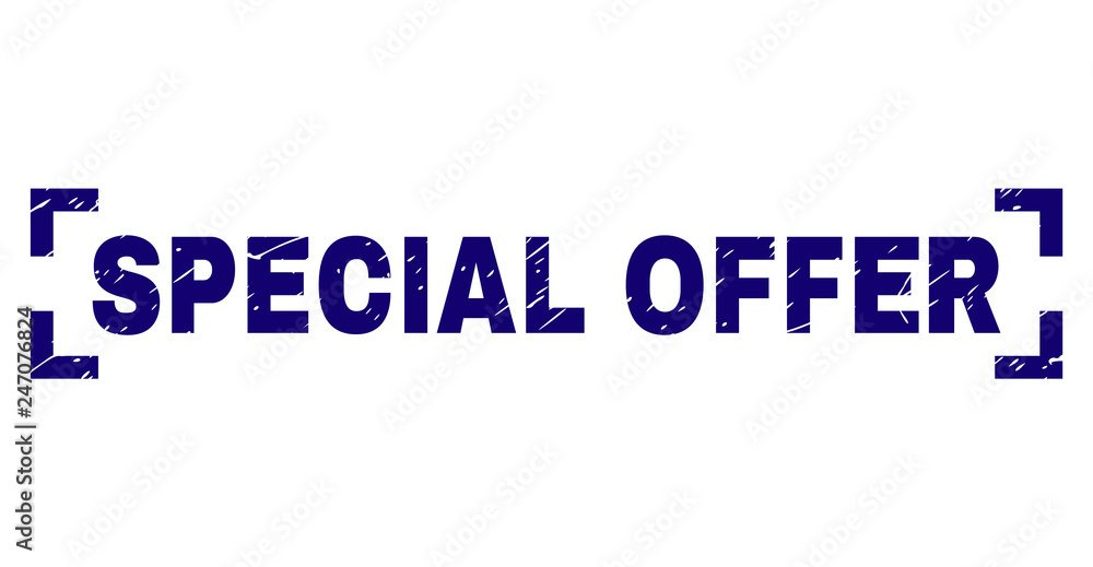 SPECIAL OFFER text seal imprint with grunge texture. Text label is placed between corners. Blue vector rubber print of SPECIAL OFFER with retro texture.