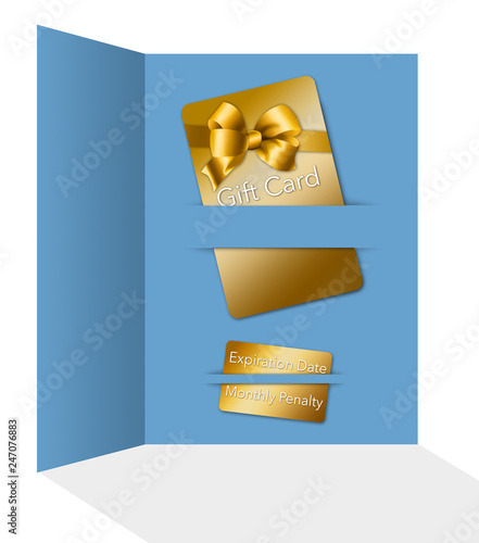 Gift cards come with terms and conditions and that is the theme of this image. A gift card is seen next to a smaller card that notes some of the fees and deadlines for using the card. photo