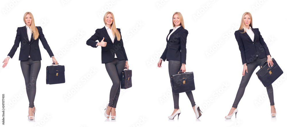 Beautiful woman with briefcase isolated on white