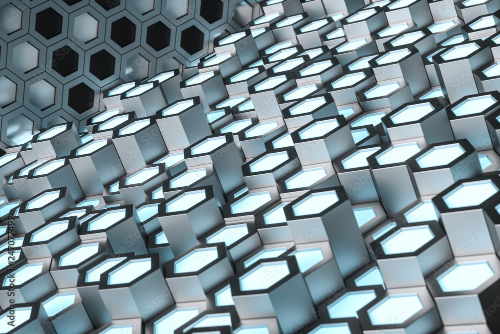Fototapeta premium 3d rendering, blue metalic hexagonal background