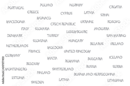 European country names written with water color brush. Grey color words on white background.