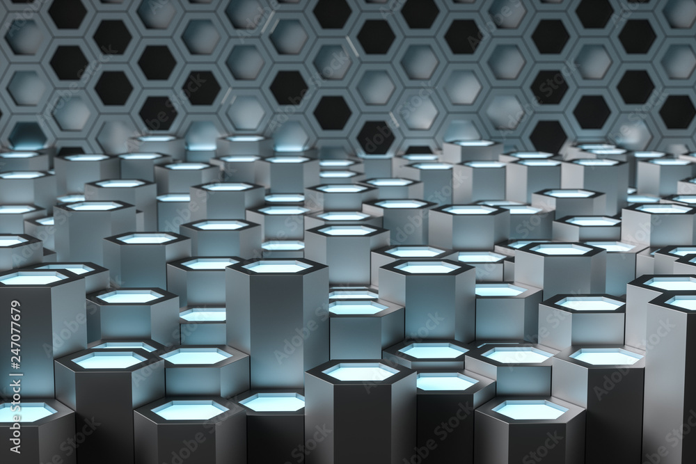 3d rendering, blue metalic hexagonal background 3d rendering, blue metalic hexagonal background