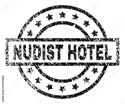 NUDIST HOTEL stamp seal watermark with distress style. Designed with rectangle, circles and stars. Black vector rubber print of NUDIST HOTEL caption with dirty texture.
