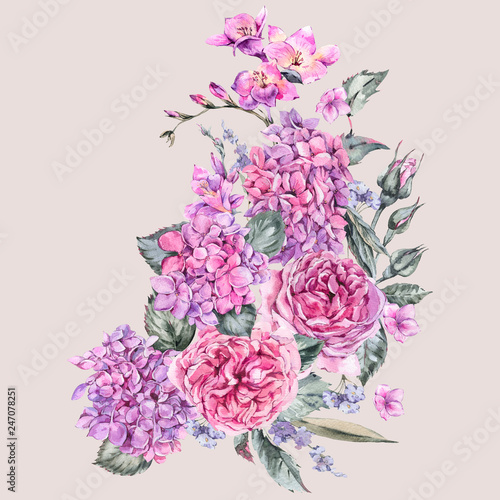 Fototapeta Naklejka Na Ścianę i Meble -  Summer Watercolor Vintage Floral Bouquet with Blooming Hydrangea, Freesia, Roses