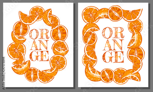 Vector illustration set of sketch hand drawn colorful oranges and slice orange. Fresh fruits, citrus, Italy, Spain, mandarins. Organic food label. Vintage style, banner, flyer, poster, fruit store.