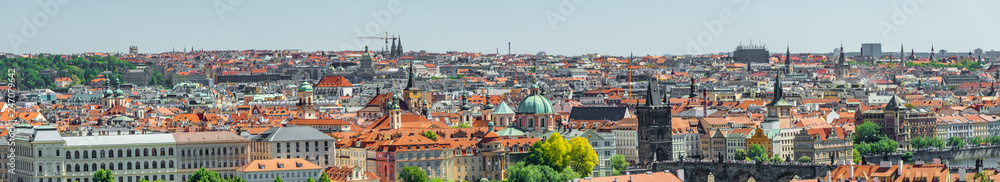 Panoramic view over the old town Charles Bridge Tower Gateway in Prague, Czech Republic, summer time