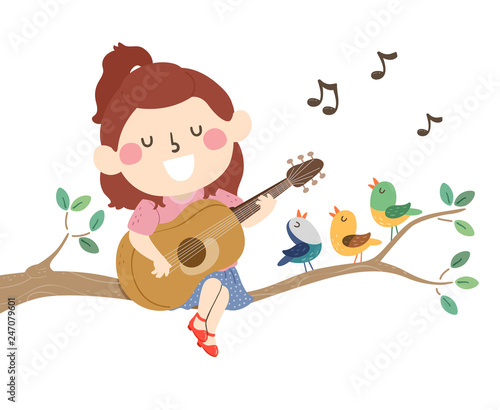 Kid Girl Branch Spring Birds Sing Illustration