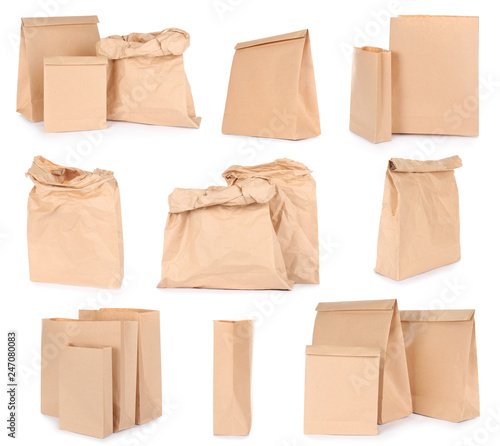 Set of brown paper bags on white background. Mockup for design