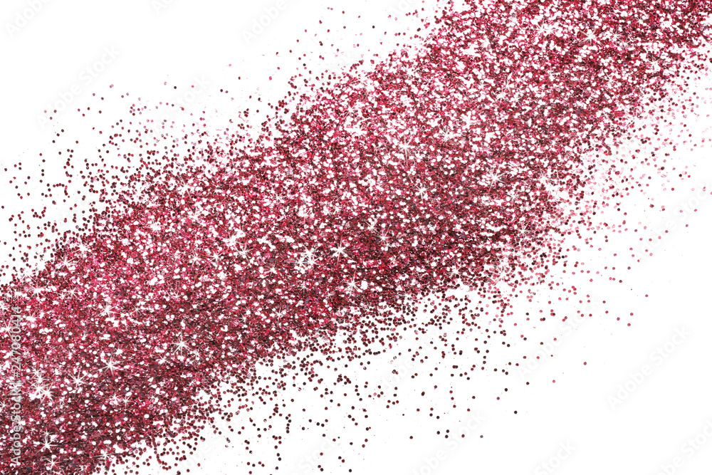 Bright beautiful shining pink glitter on white background, top view