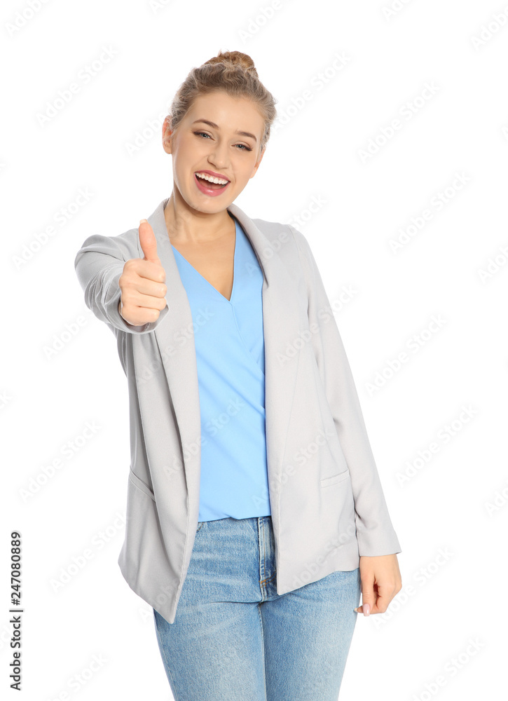 Young woman celebrating victory on white background Young woman celebrating victory on white background