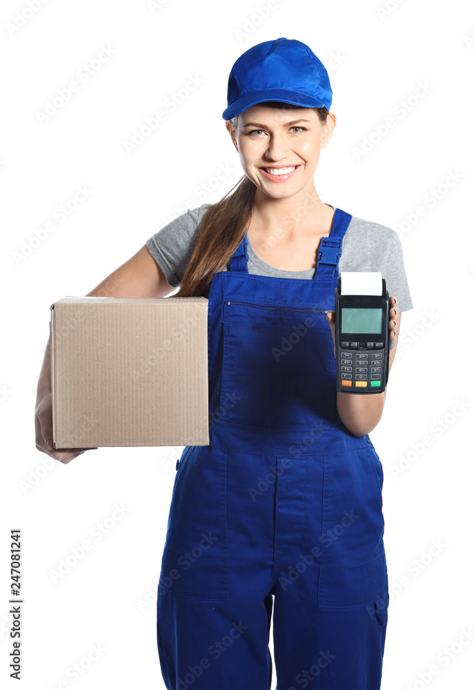 Smiling courier with payment terminal and parcel isolated on white Smiling courier with payment terminal and parcel isolated on white