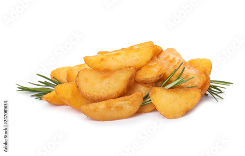 Baked potatoes with rosemary on white background